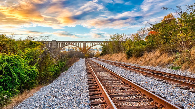 Railway Track Below Bridge Between Green Trees Bushes Under White Clouds Blue Sky During Daytime Nature, HD wallpaper