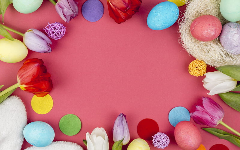 Easter frame, pink background, spring flowers, Easter eggs, tulips, Easter, frame with tulips and eggs, HD wallpaper