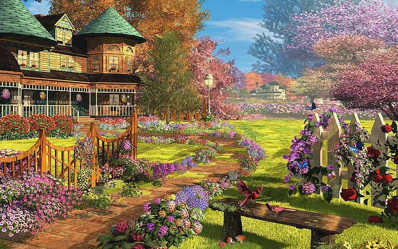 Victorian Dream, fence, colorful, lovely, dreamy, Home, victorian house, pathway, splendor, Flowers, HD wallpaper