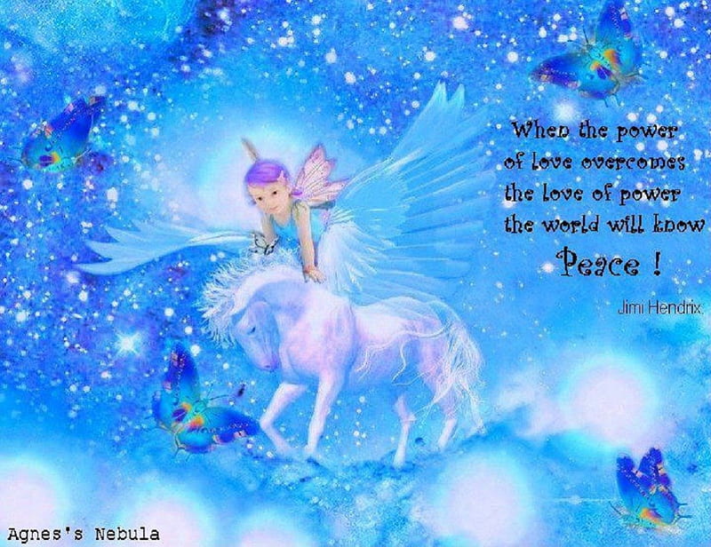 Power Of Love, fantasy, unicorn, butterflies, abstract, fairy, blue, HD wallpaper