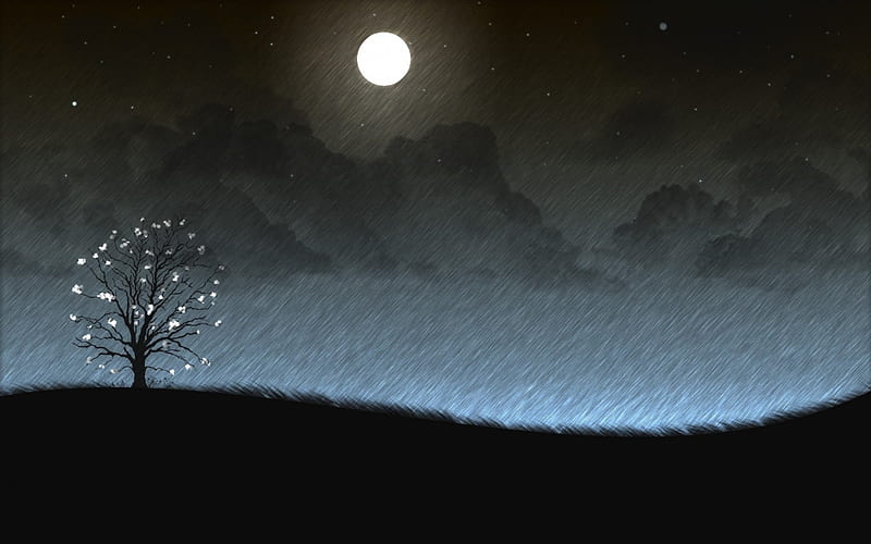 Rainy Night, tree, moon, simple, clouds, rainy, HD wallpaper