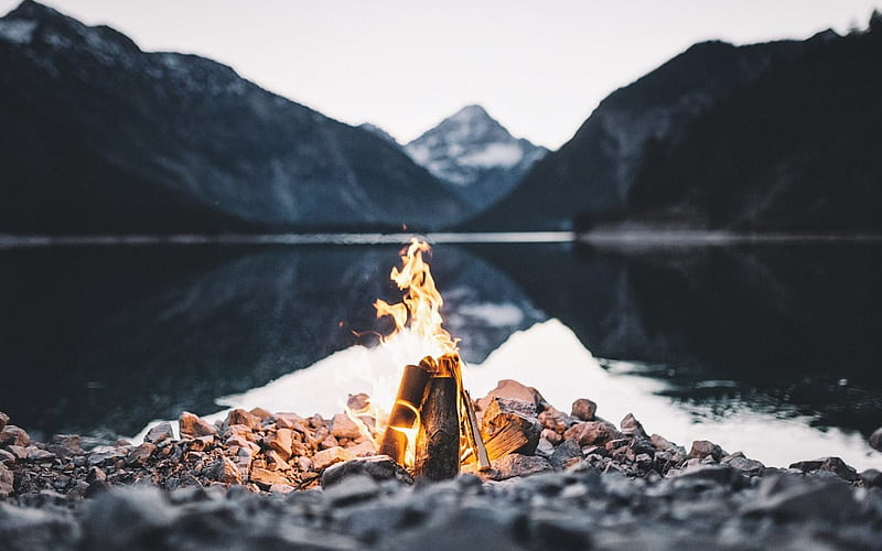 bonfire, flame, mountains, lake, beach, fire, mountain lake, hiking, HD wallpaper