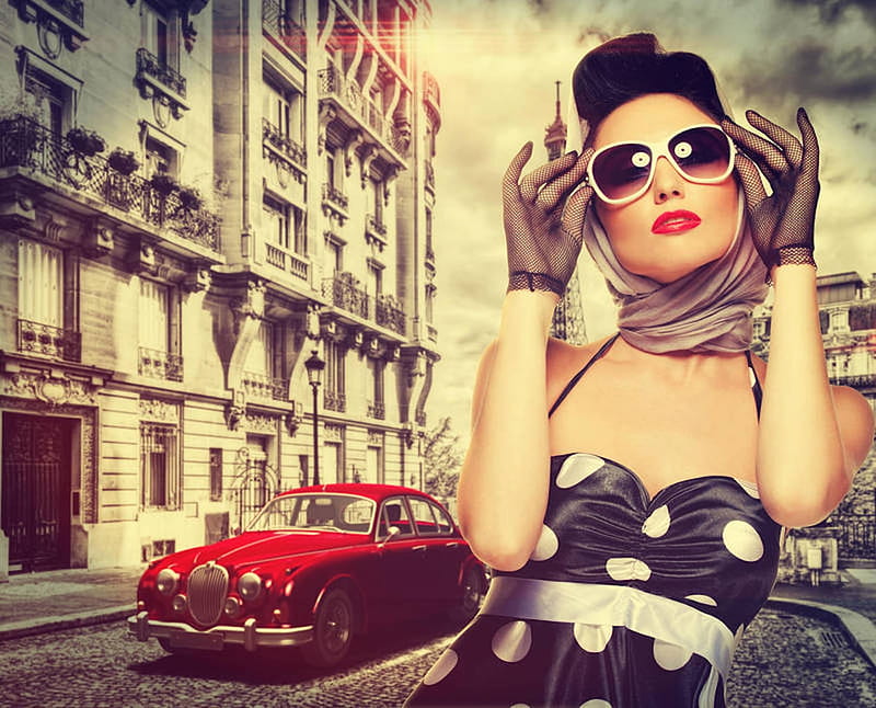 Cosmopolitan, sunglasses, red, retro, model, Vintage, car, Girl, jaguar, HD wallpaper