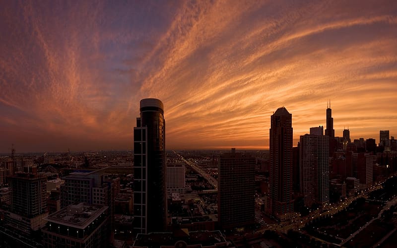 Cities, Sunset, Sky, Usa, City, Skyscraper, Dusk, United States, Panorama, Cloud, Chicago, Illinois, HD wallpaper