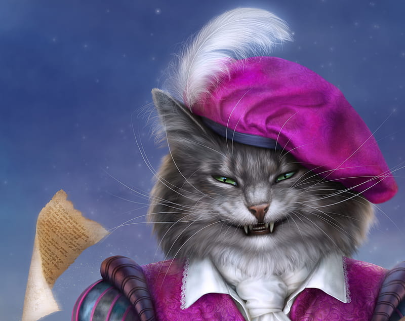 Trubadour cat, alenaekaterinburg, luminos, cat, animal, hat, fantasy, feather, pink, minstrel, pisica, blue, HD wallpaper