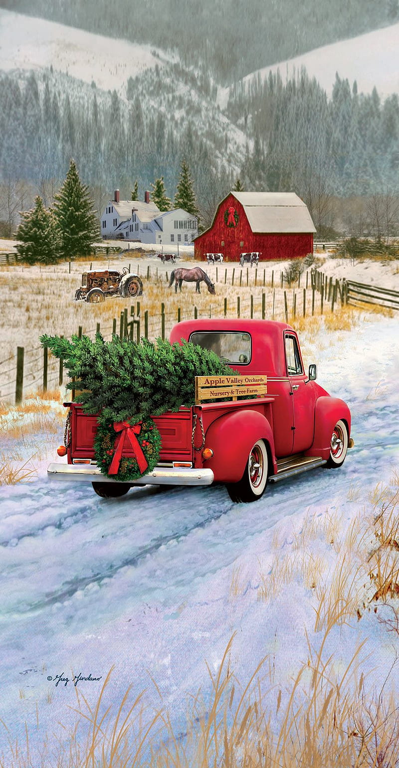 Christmas Pickup , car, merry, natural, nature, old, snow, tree, truck, xmas, HD phone wallpaper