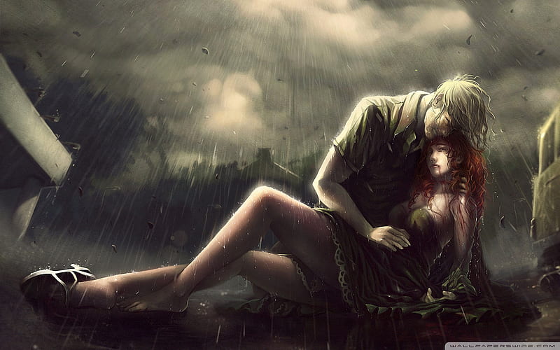 Emo Rain...!!! feeling, lovers, emo, boy, fantasy, girl, crying, love, sad, rain, 1920x1200, emotion, HD wallpaper