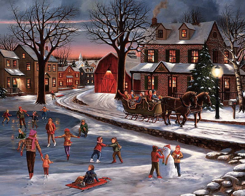 Winter scene, pictura, winter, lake, art, christmas, craciun, children, people, ice, painting, evening, scene, night, HD wallpaper