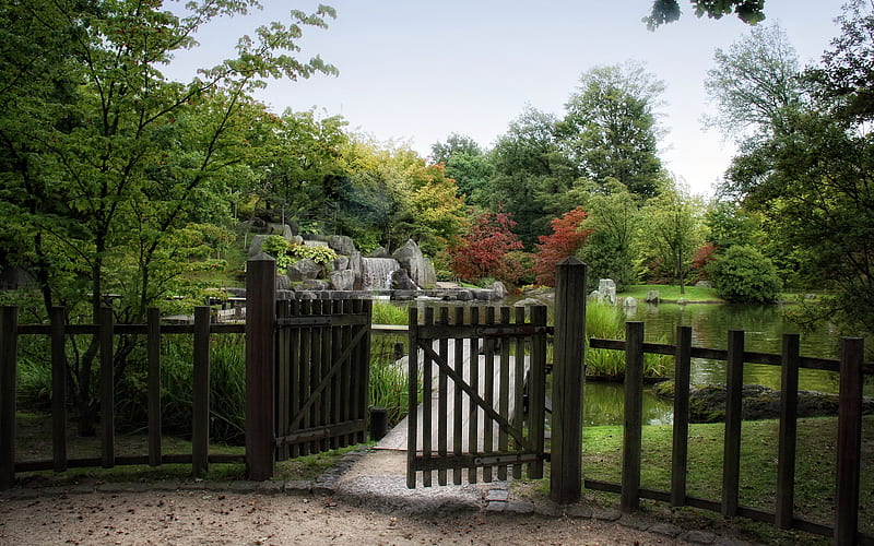 Japanese Garden, Hasselt, Belgium, fence, gate, japanese, lake, pond, belgium, tree, statue, path, garden, HD wallpaper