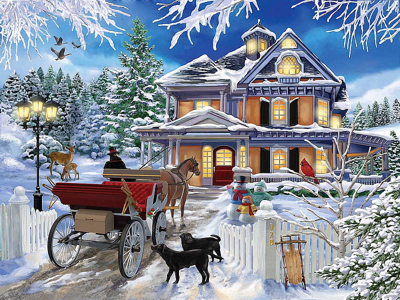 Winter Visit, villa, horse, trees, artwork, dogs, snowmen, lamp, birds, cart, deer, snow, painting, HD wallpaper