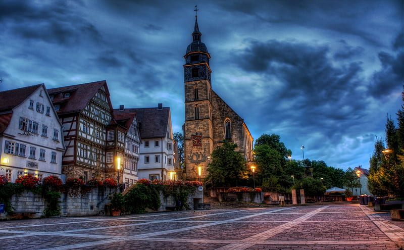 square in front of church in boeblingen germany r, square, town, dusk, r, church, lights, HD wallpaper