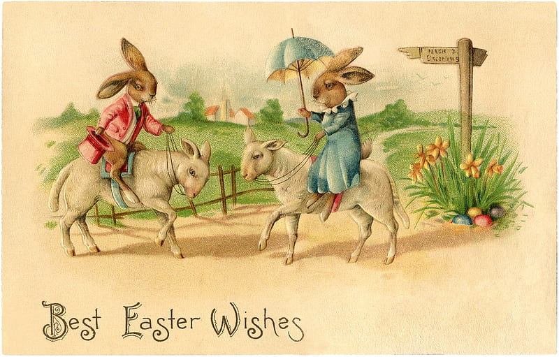 Happy Easter!, sheep, rabbit, lamb, bunny, easter, vintage, couple, card, funny, HD wallpaper
