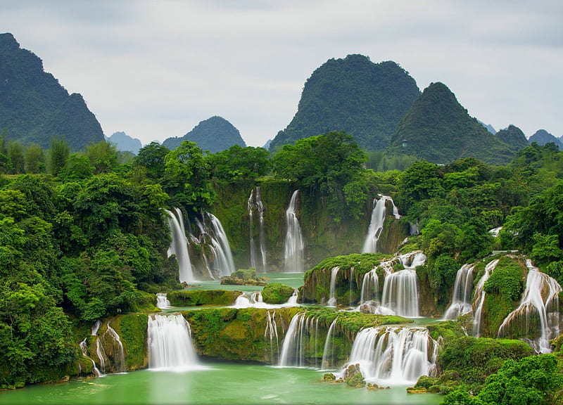 Ban Gioc Waterfall, Vietnam, forest, green, mountains, three levels, waterfall, amphitheater, river, bonito, HD wallpaper