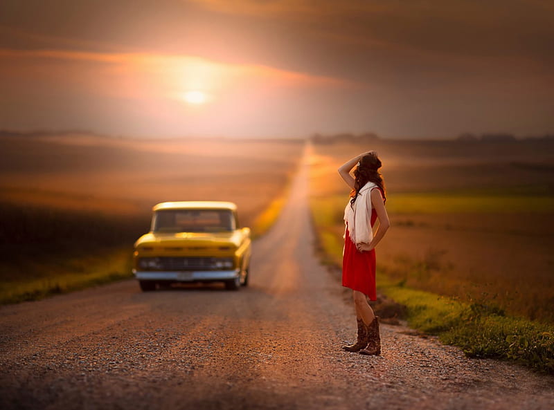 Hitchhiking, Hilda, girl, space, car, road, HD wallpaper