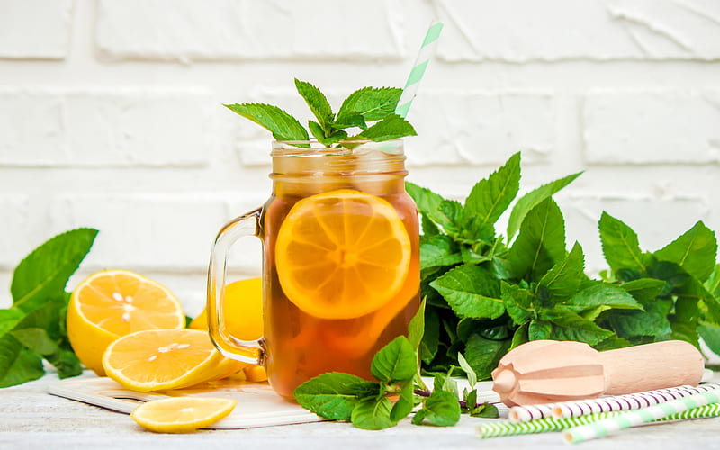 lemon tea, tea cup, mint tea, green mint leaves, different drinks, tea concepts, HD wallpaper