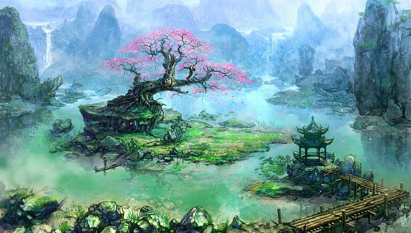 fantasy landscape, cherry blossom, scenic, waterfall, painting, Fantasy, HD wallpaper