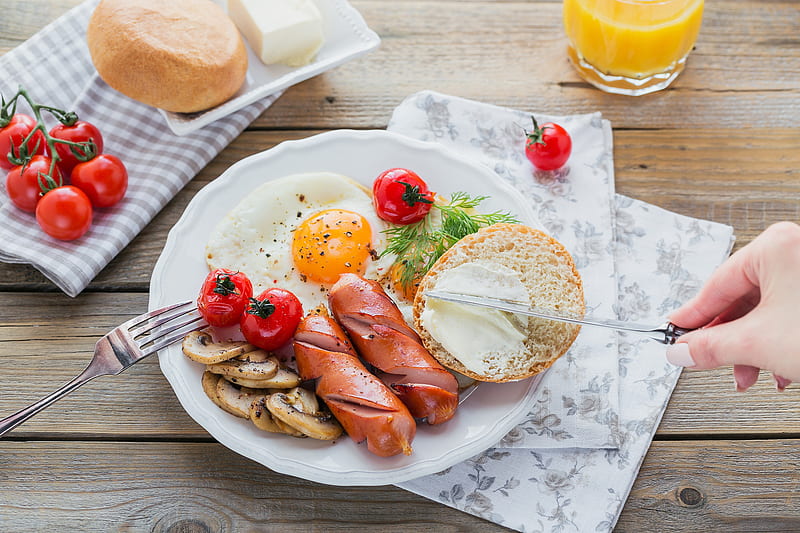 Food, Breakfast, Egg, Juice, Mushroom, Sausage, Tomato, HD wallpaper