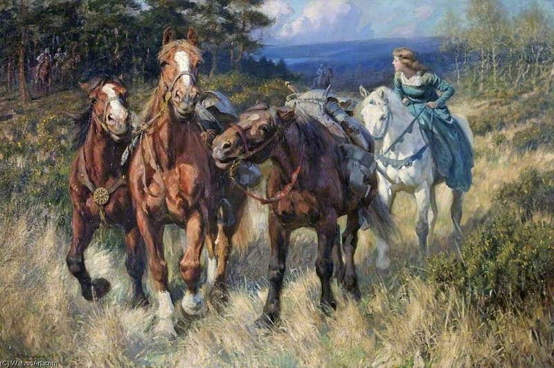Enid Driving the Robbers Horses, cal, rowland wheelwright, art, girl, painting, pictura, horse, HD wallpaper