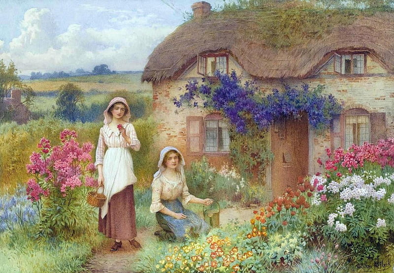 Painting by William Affleck (1869-1943), artist, dress, woman, young, summer flower, two, landscapes, painting, flowers, pink, art, country house, abstract, painter, garden, nature, HD wallpaper