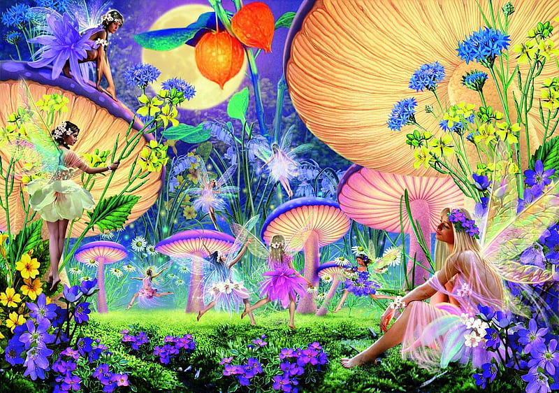 Land of Fairies, art, pretty, fantasy, girl, fairies, flowers, digital, mushrooms, HD wallpaper