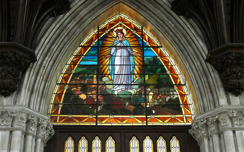 Queen of Heaven, Queen, church, stained glass, Mary, France, HD wallpaper