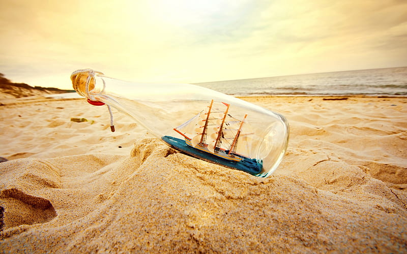 boat in a glass bottle, sunset, evening, beach, sand, travel concepts, sea, HD wallpaper