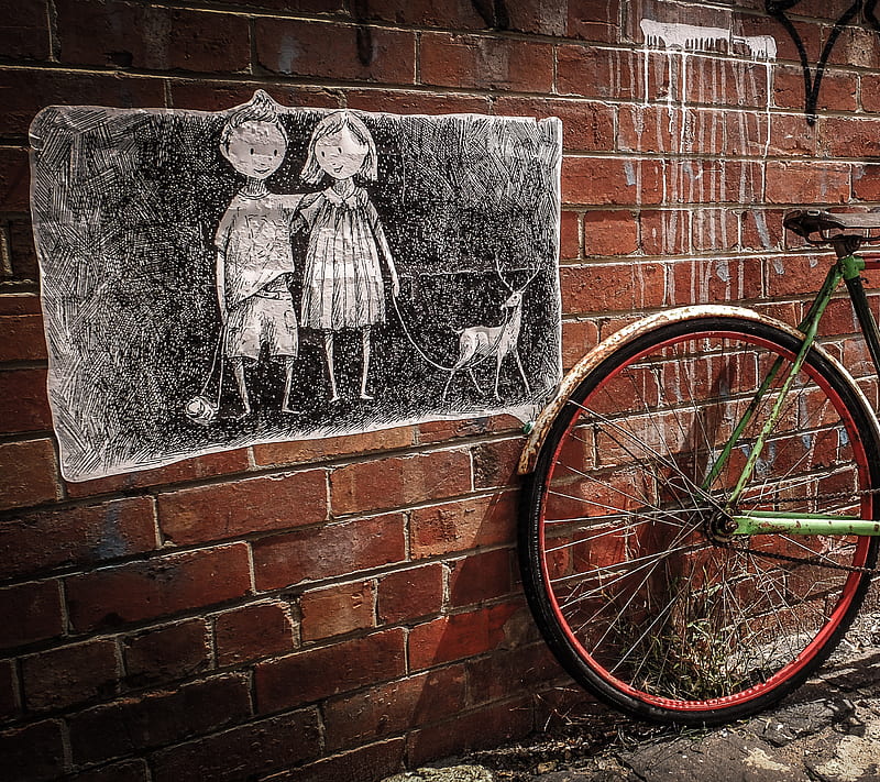 wall, bicycle, city, love, street, HD wallpaper
