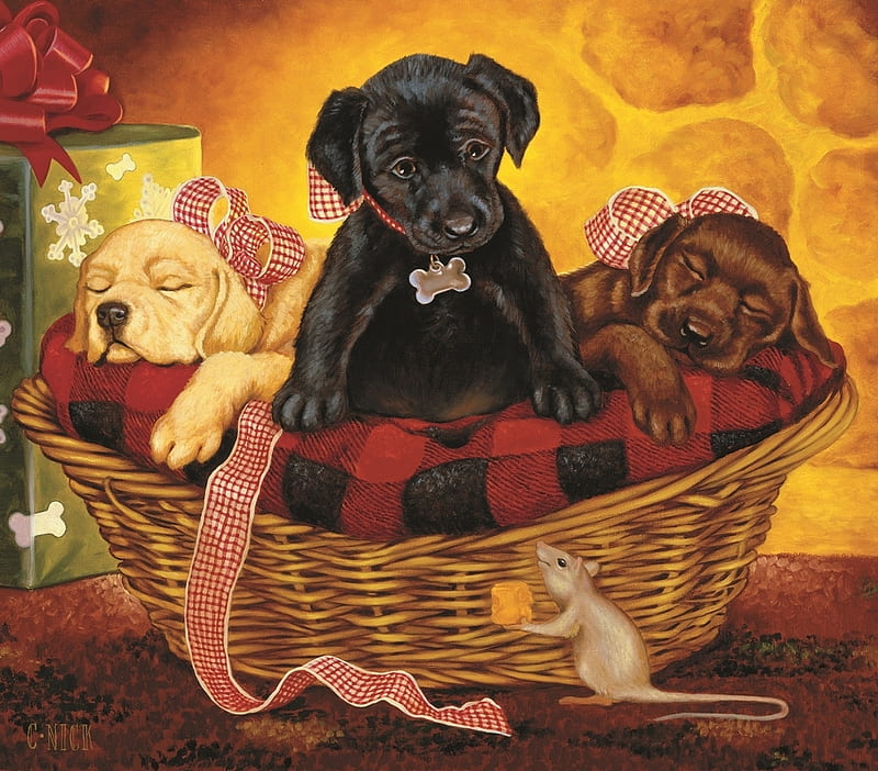 Peacefull offering, art, sleep, craciun, christmas, caine, year of the rat, basket, cheese, mouse, rat, painting, pictura, dog, puppy, HD wallpaper