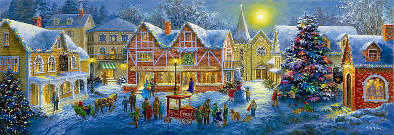Christmas Village, snow, houses, people, painting, panorama, winter, artwork, HD wallpaper