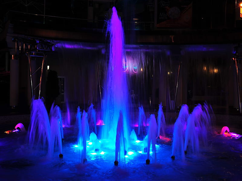 Dancing Water Fountains, water, illumination, colour, spray, pink, lights, blue, night, HD wallpaper