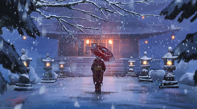 Falling Snow Night Art Ultra, Artistic, Fantasy, Night, Falling, Snow, HD wallpaper