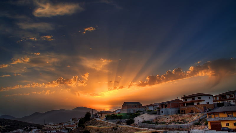 superb sunrise over hilltop village, hills, village, beams, sunrise, HD wallpaper