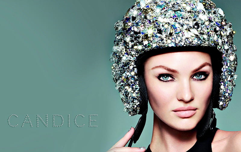 Candice Swanepoel, casque, model, glitter, black, woman, hat, girl, green, beauty, blue eyes, HD wallpaper