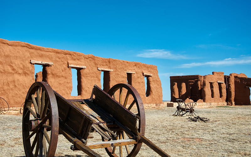 Ft Union, architecture, ruins, cart, bonito, horse, skies, drawn, fort, blue, HD wallpaper