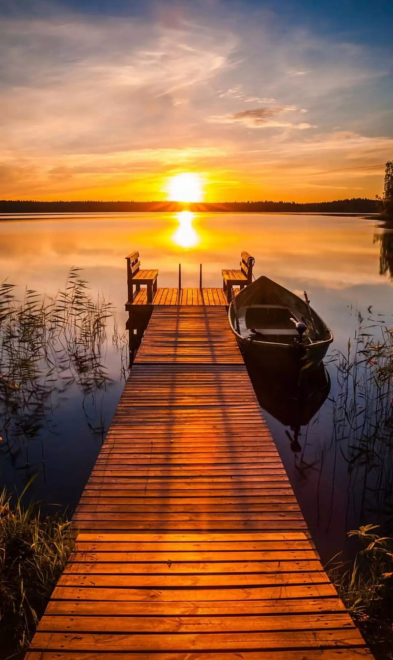 Golden sunset, bridge, cottage, dock, infinity, HD phone wallpaper