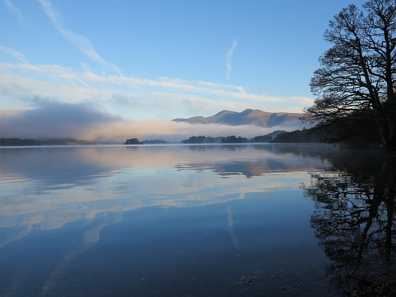 Derwentwater morning, Reflection, Derwentwater, Lake, Lake District, Mist, HD wallpaper