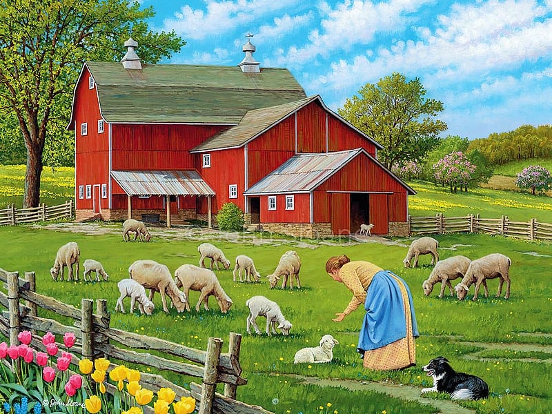 Hello, Sweetie !, sheep, woman, barn, dog, meadow, fence, clouds, trees, flowers, painting, sky, HD wallpaper