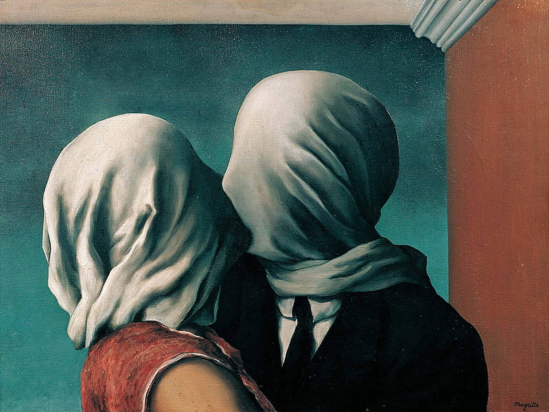 Rene Magritte - The Lovers, the lovers, art, rene magritte, love, painting, kiss, HD wallpaper