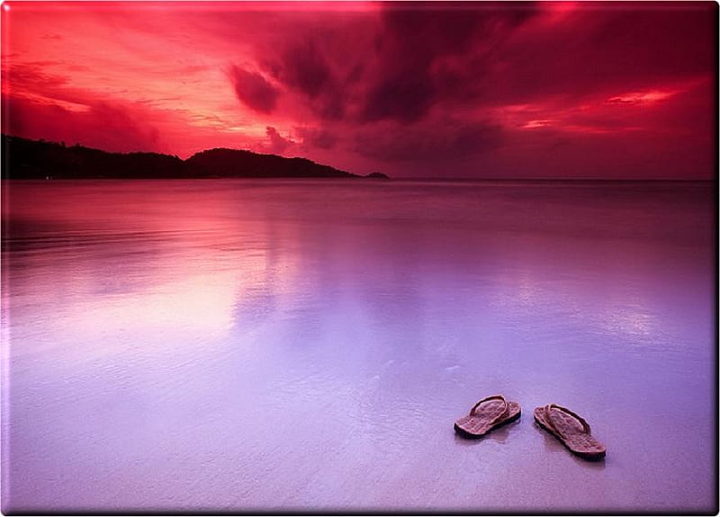 Left behind, red, beach, water, flip flops, sunset, clouds, sky, HD wallpaper