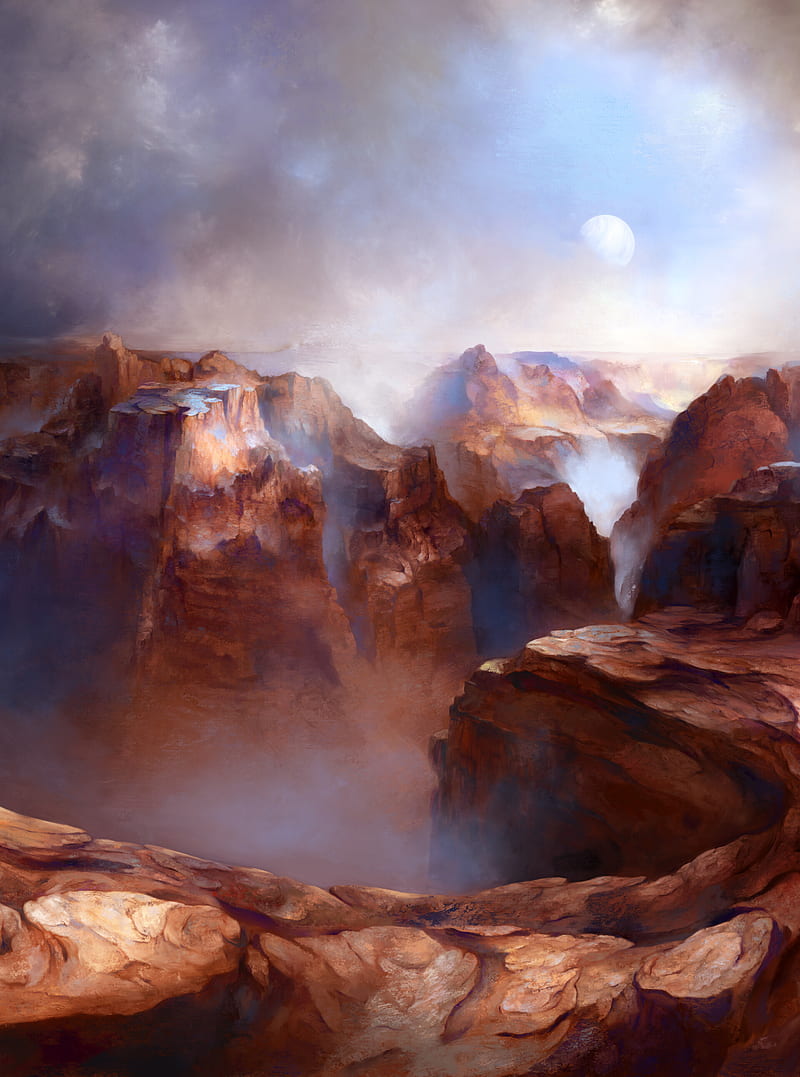 canyon, rocks, moon, fog, art, HD phone wallpaper