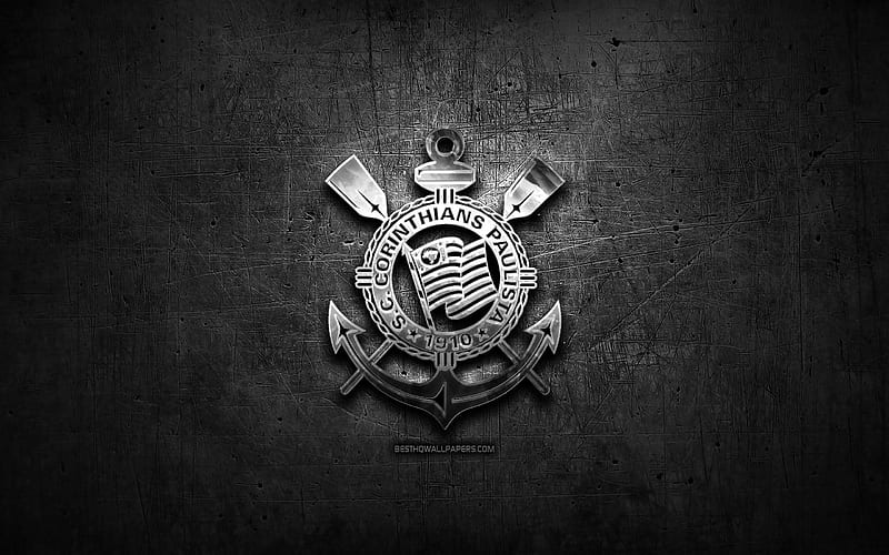 Corinthians FC, silver logo, Brazilian Seria A, black metal background, soccer, brazilian football club, Corinthians logo, football, SC Corinthians Paulista, Brazil, HD wallpaper