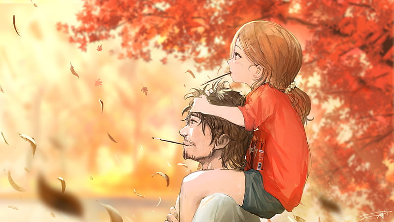 anime kid and dad, autumn, walking, chocolate sticks, Anime, HD wallpaper