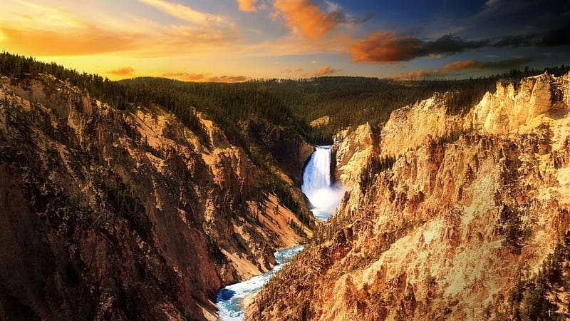 Lower Falls of the Yellowstone River, forest, mountains, colors, sunset, clouds, sky, HD wallpaper