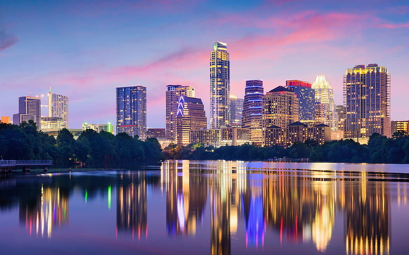 Austin, Texas, USA, skyscrapers, evening, cityscape, city lights modern buildings, HD wallpaper