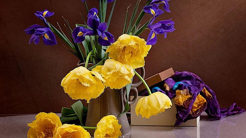 Still life, flowers design, yellow tulips, purple iris, flowers, vase, HD wallpaper