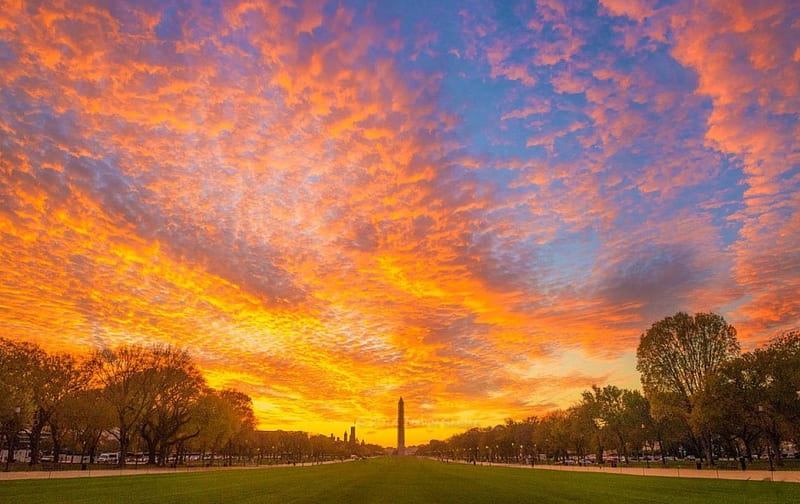 Autumn Sunset at Washington Monument, leaves, sun, colors, lawn, trees, clouds, sky, HD wallpaper