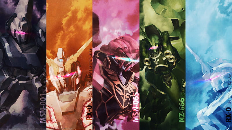 Mecha of Gundam Unicorn, red, destroy mode, unicorn gundam, black, delta plus, gundam unicorn, gundam, green, kshatriya, mecha, sinanju, anime, white, HD wallpaper