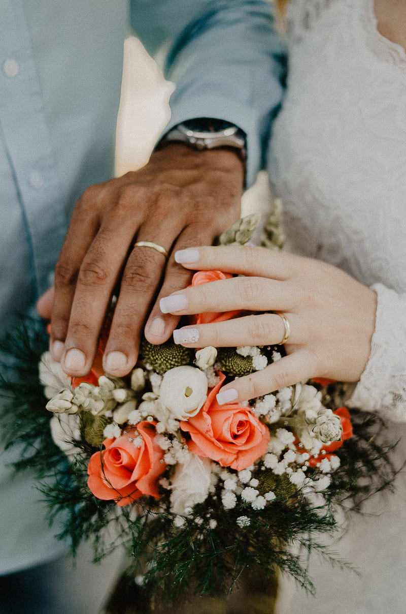 hands, rings, couple, love, bouquet, wedding, HD phone wallpaper