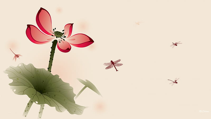 Asian Influence, spring, floral, Oriental, leaves, dragonflies, summer, flowers, petals, Asian, watercolor, HD wallpaper