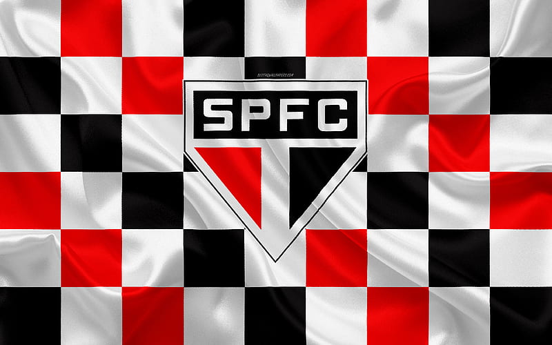 Sao Paulo FC logo, creative art, white black red checkered flag, Brazilian football club, Serie A, emblem, silk texture, Sao Paulo, Brazil, HD wallpaper